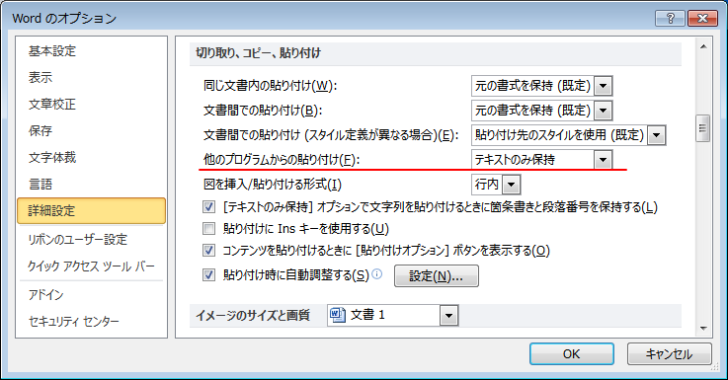 ［Wordのオプション］ダイアログボックスの［詳細設定］-［他のプログラムからの貼り付け］