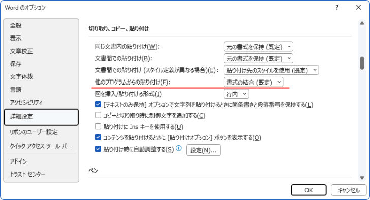 Word2021［他のプログラムからの貼り付け］の既定［書式の結合］