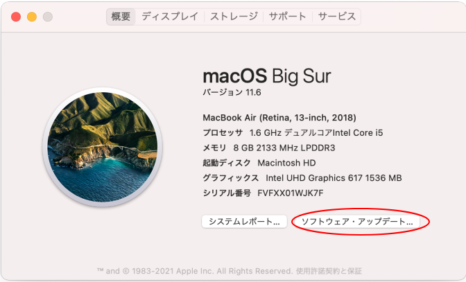 macOS Big Sur［概要］タブの［ソフトウェア・アップデート］