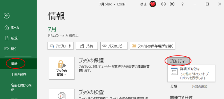 Excel2019の詳細プロパティ