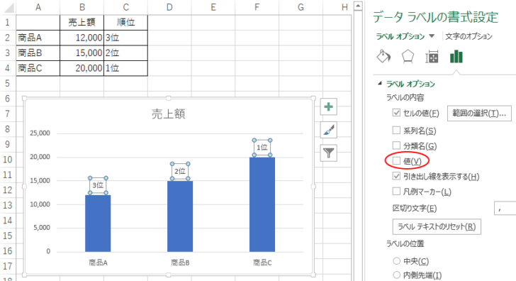 ［ラベルオプション］の［ラベルの内容］にある［値］をオフ