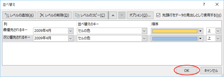 ［並べ替え］ダイアログボックスの設定完了