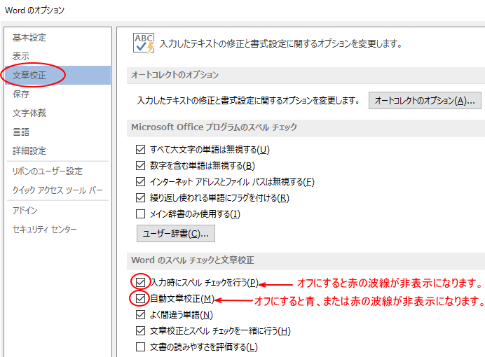 Wordのオプションの［Wordのスペルチェックと文章校正］