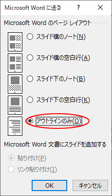 ［Microsoft Wordに送る］ダイアログボックスで［アウトラインのみ］を選択