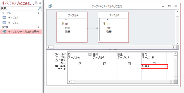 不一致クエリウィザードで作成クエリのデザインビュー