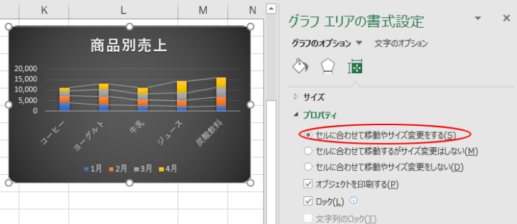 ［グラフエリアの書式設定］の［プロパティ］