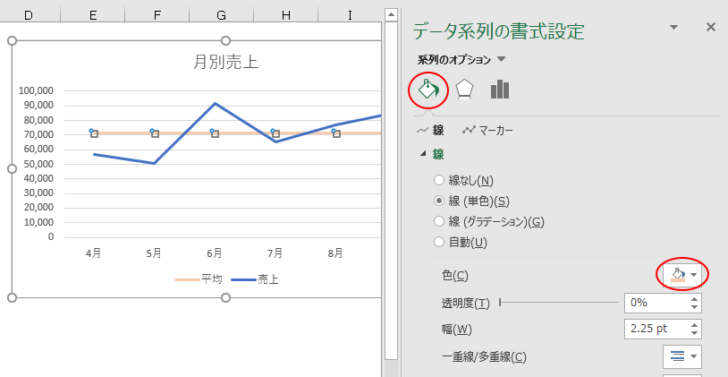 ［データ系列の書式設定］から色の変更