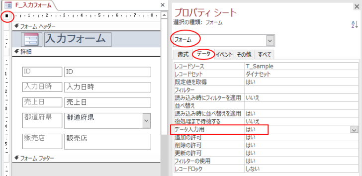 フォームのプロパティ［データ入力用］で設定