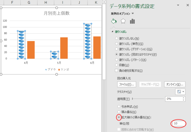 ［拡大縮小と積み重ね］を選択して［単位/図］に［10］を入力