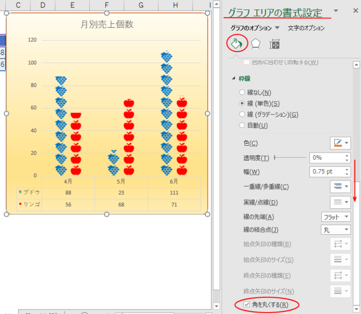 ［枠線］の［角を丸くする］のチェックボックスをオン