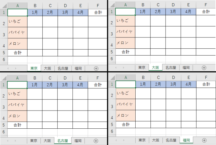 各シートに書式設定されていることを確認