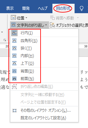 ［図の形式］タブの［配置］グループにある［文字列の折り返し］