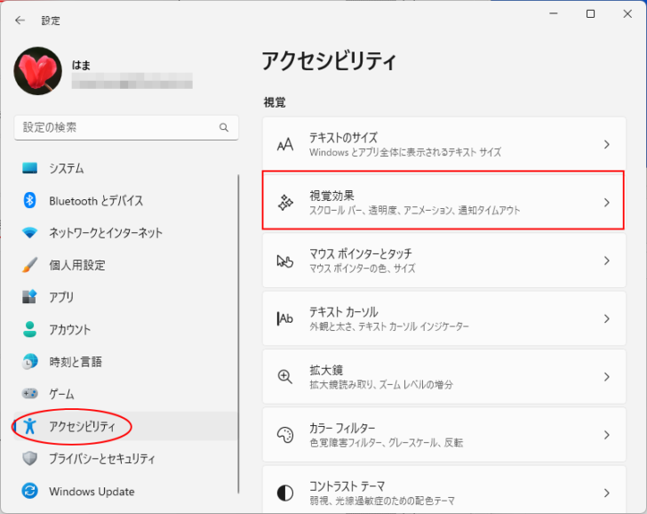 ［アクセシビリティ］の［視覚効果］