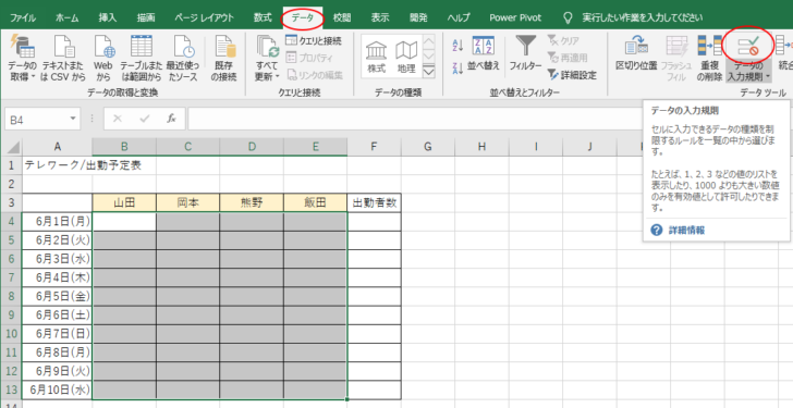 ［データ］タブの［データツール］グループにある［データの入力規則］