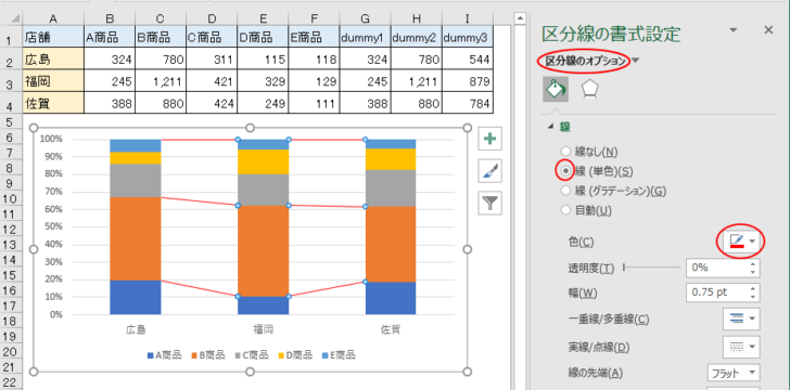 ［区分線の書式設定］で区分線の色を変更