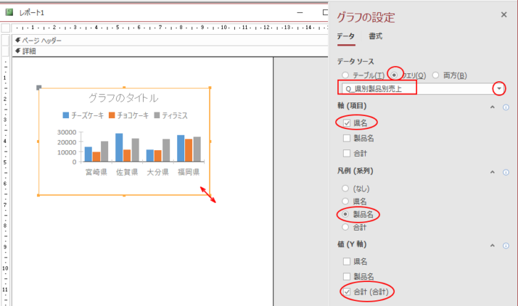 ［グラフの設定］でクエリを指定して軸などを設定