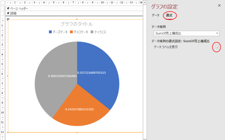 ［書式］タブの［データラベルを表示］のチェックボックスをオン