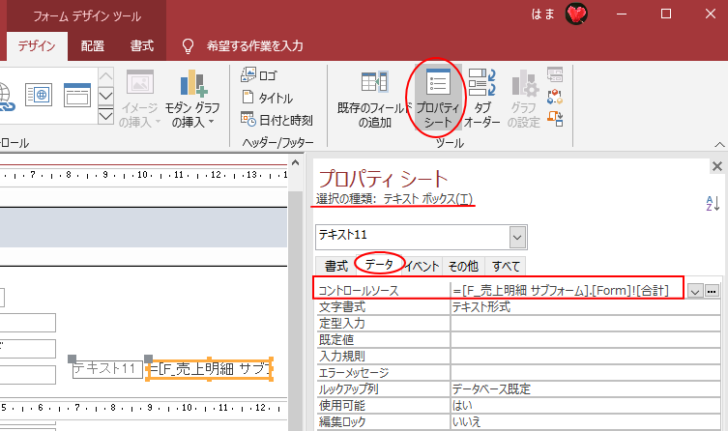 テキストボックスのコントロールソースに入力