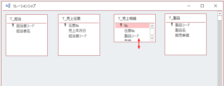 リレーションシップウィンドウでフィールドリストのサイズ調整