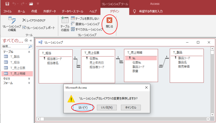 リレーションシップウィンドウを閉じる