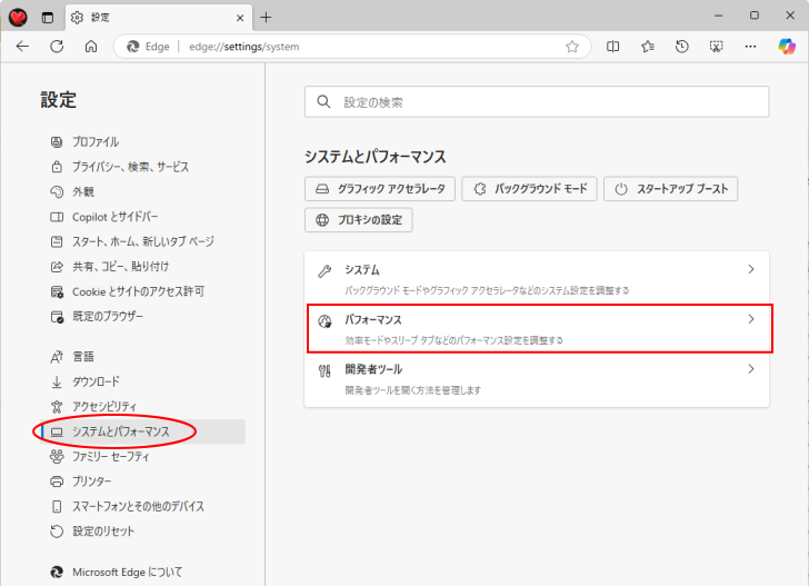 ［システムとパフォーマンス］の［パフォーマンス］