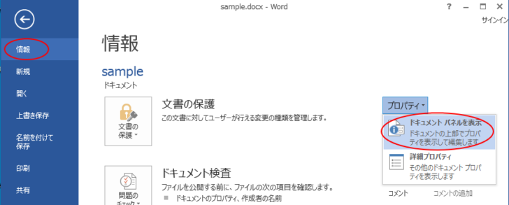 Word2013のドキュメントパネルの表示