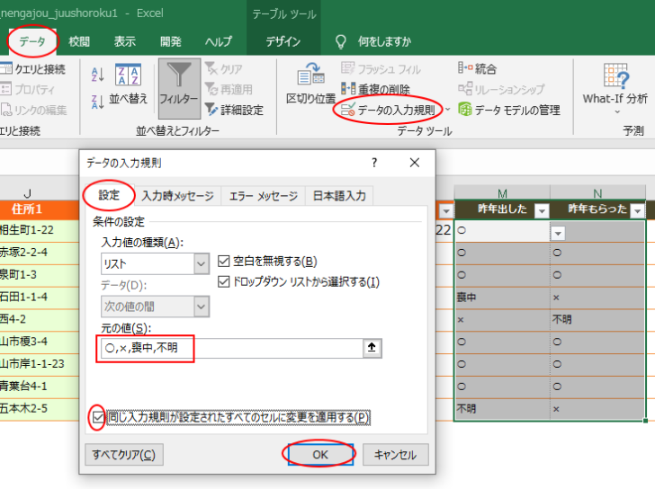 ［データの入力規則］の［設定］タブ-元の値