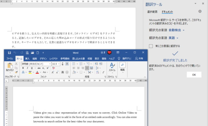 ［翻訳］ボタンをクリックした後の新しいウィンドウ