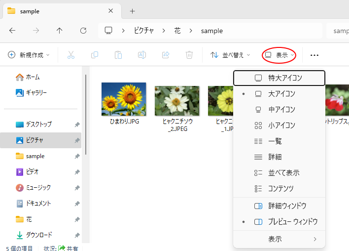 Windows 11のツールバー［表示］