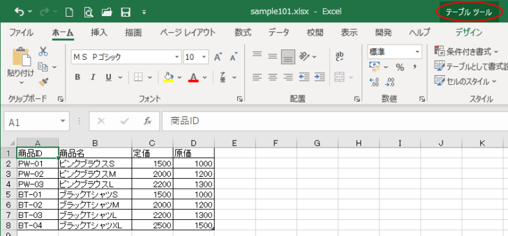 テーブルに変換した表