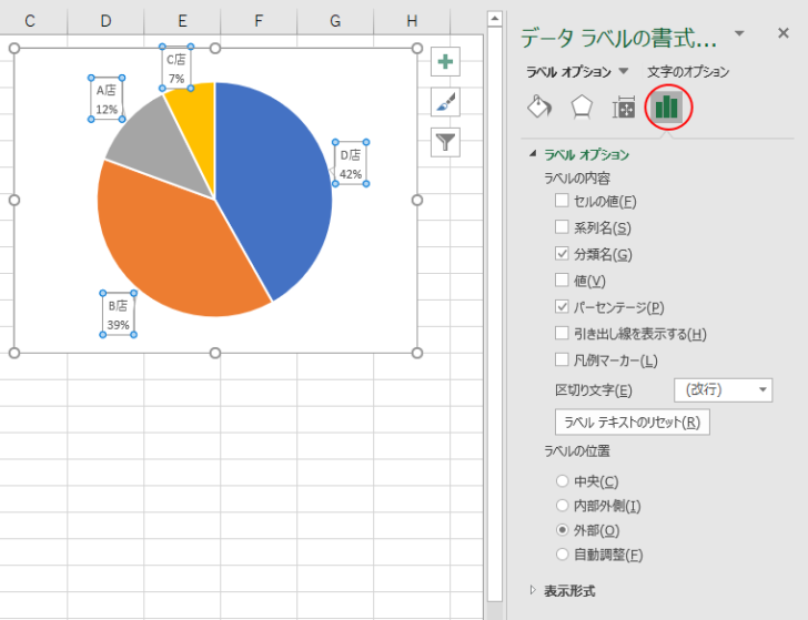 ［データラベルの書式設定］作業ウィンドウ