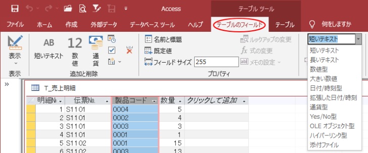 データシートビューの［テーブルのフィールド］タブにある［表示形式］グループの［データ型］