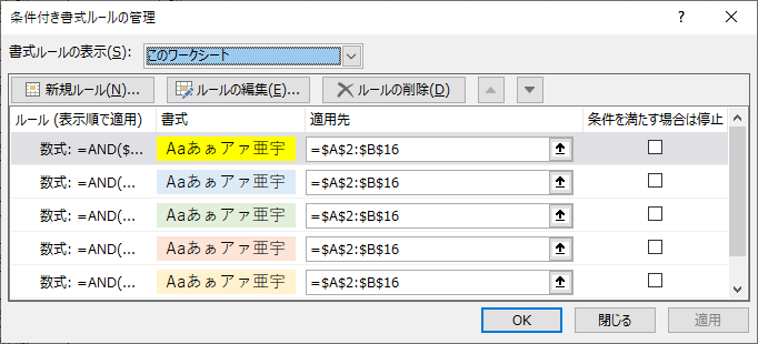 条件付き書式ルールの管理