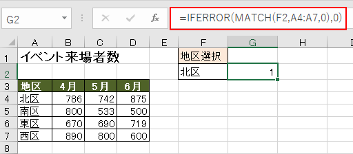セル［G2］にIFERROR関数とMATCH関数で範囲内の位置を数値で表示