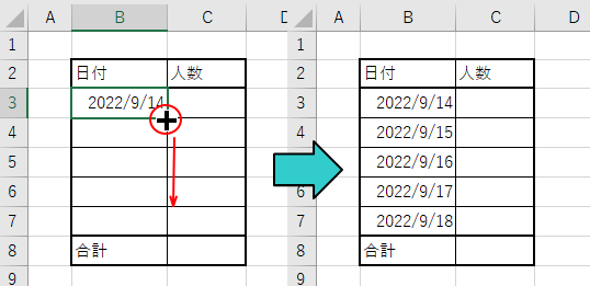 日付を入力しても罫線がコピーされない表