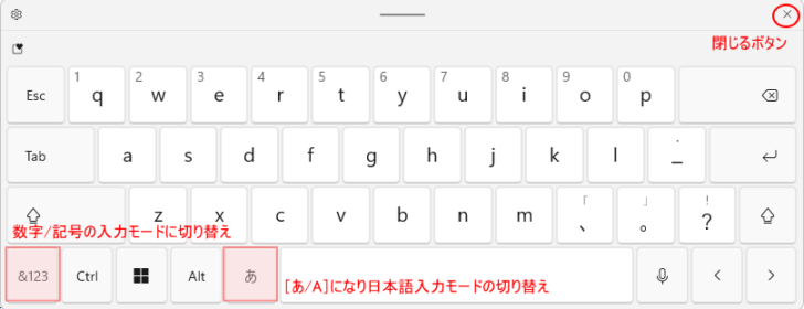 タッチキーボードの切り替えボタンと閉じるボタン