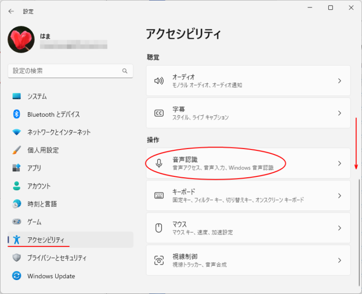 ［アクセシビリティ］の［音声認識］