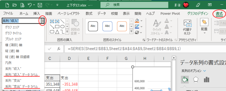 ［書式］タブの［現在の選択範囲］グループにある［グラフ要素］