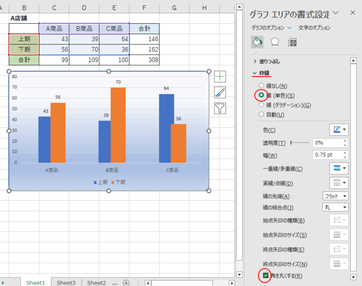 ［グラフエリアの書式設定］の［枠線］-［線（単色）］と［角を丸くする］