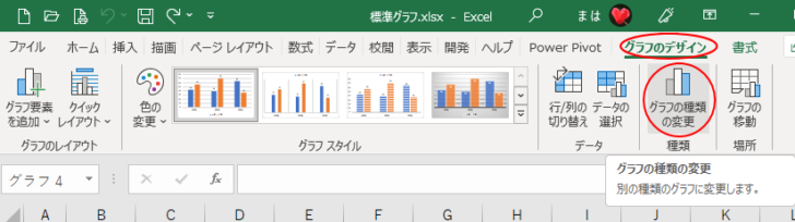 ［グラフのデザイン］タブの［種類］グループにある［グラフの種類の変更」