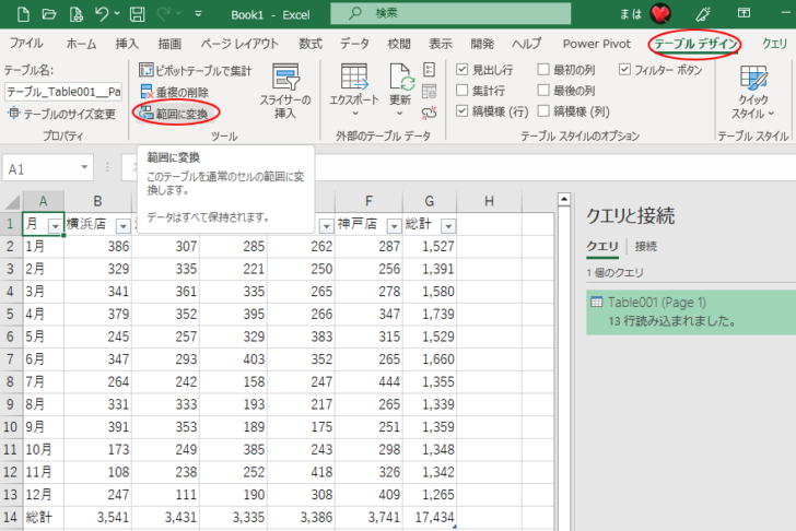 ［テーブルデザイン］タブの［ツール］グループにある［範囲に変換］