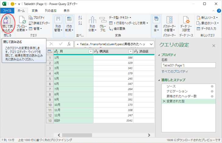 Power Queryエディターの［ホーム］タブの［閉じて読み込む］