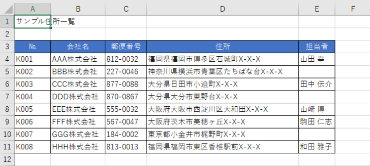 サンプル住所一覧