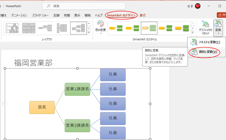 ［SmartArtのデザイン］タブの［変換］-［図形に変換］