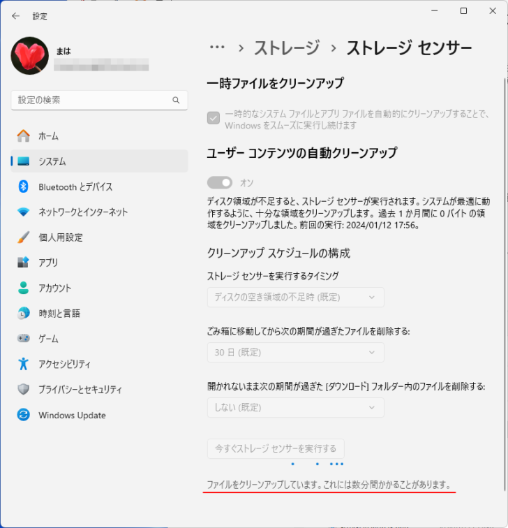 ［今すぐストレージを実行する］をクリックした時のウィンドウ［ファイルをクリーンアップしています。これには数分間かかることがあります。］