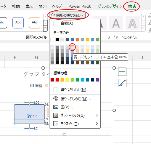 ［書式］タブの［図形のスタイル］グループにある［図形の塗りつぶし］