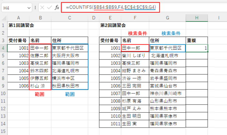 COUNTIFS関数で2つの表の2つの列で重複をチェック