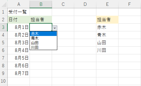 データの入力規則を設定したセルのドロップダウンリスト