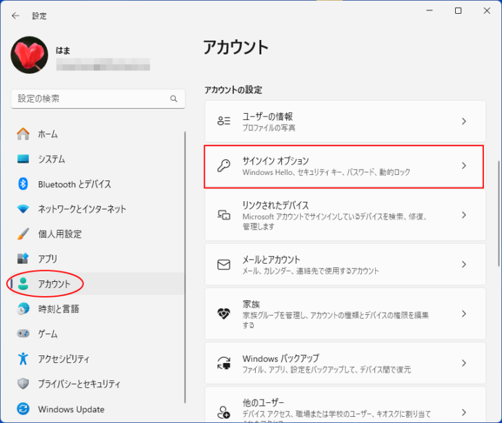 Windows設定［アカウント］の［サインインオプション］