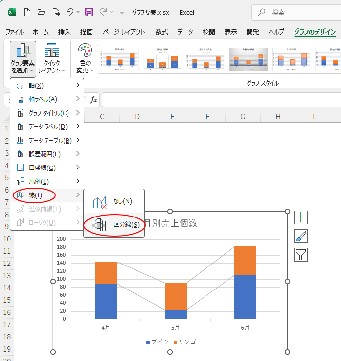 ［グラフ要素の追加］の［線］-［区分線］